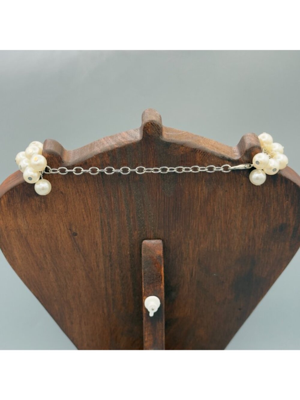 Faux Pearl Bib Necklace Chunky Bubble Cluster Statement Collar Silver Tone 16" - Picture 5 of 9